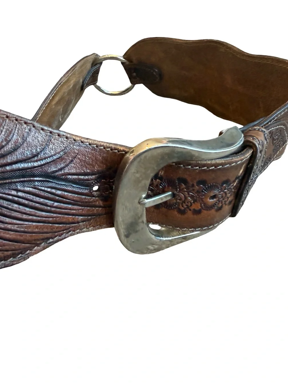 Buffalo Co. Brown Leather Belt Embossed Floral Stamped Unique Turquoise Women's